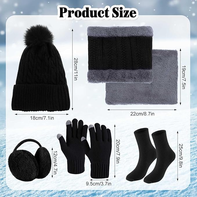 SATINIOR 5 Pcs Winter Satin Lined Hat Scarf Gloves Set Knit Pompom Beanie Warm Touchscreen Glove Earmuff Ear Warmer for Women