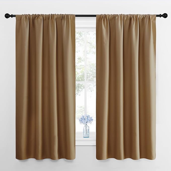NICETOWN Bedroom Curtains Blackout Draperies, Gold Brown, 1 Pair, 34-inch W x 63-inch L, Home Decorations Thermal Insulated Solid Pole Top Blackout Drapes for Living Room