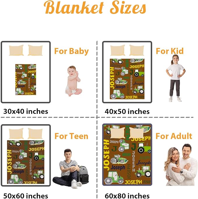 Personalized Tractors Blanket - Custom Name with Farm Tractor Trucks Design - Soft Plush Flannel Bed Blanket for Baby Kid Teen Boys Girls Customized Gifts Brown