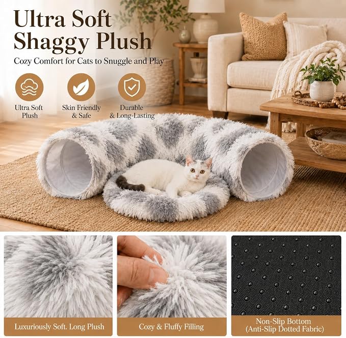 Warm Fluffy Plush Cat Tunnel Bed with Washable Cushion- Big Tube Playground Toys 3 FT Diameter Collapsible, for Indoor Cat Kitty Kitten Puppy Rabbit Ferret Gray-White Diamond Pattern
