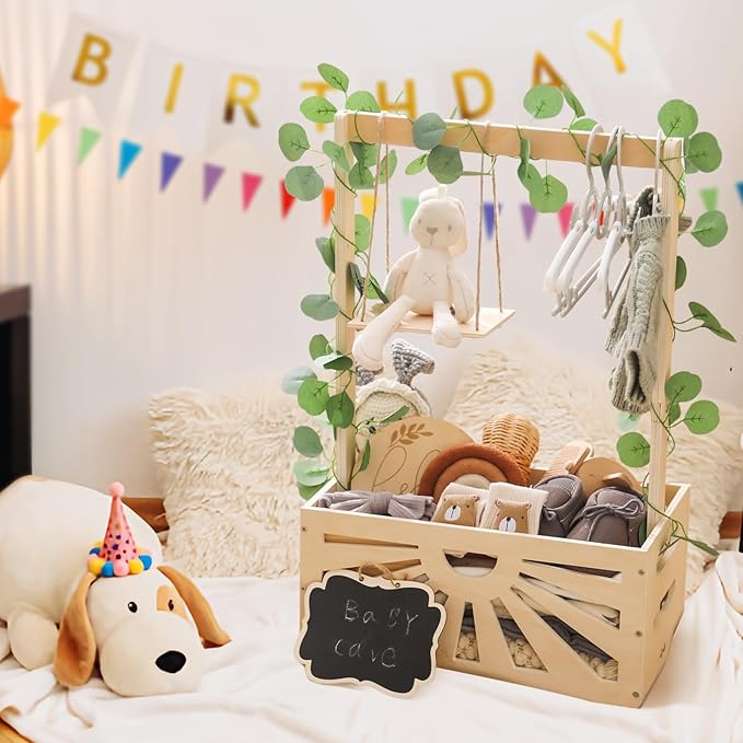 8 In 1 Wooden Baby Shower Crate Closet, Baby Basket with Handle Footprint Kit for Baby Shower Gifts, Baby Shower Wooden Gift Crate, Baby Personailzed Basket for Pregnancy New Parent