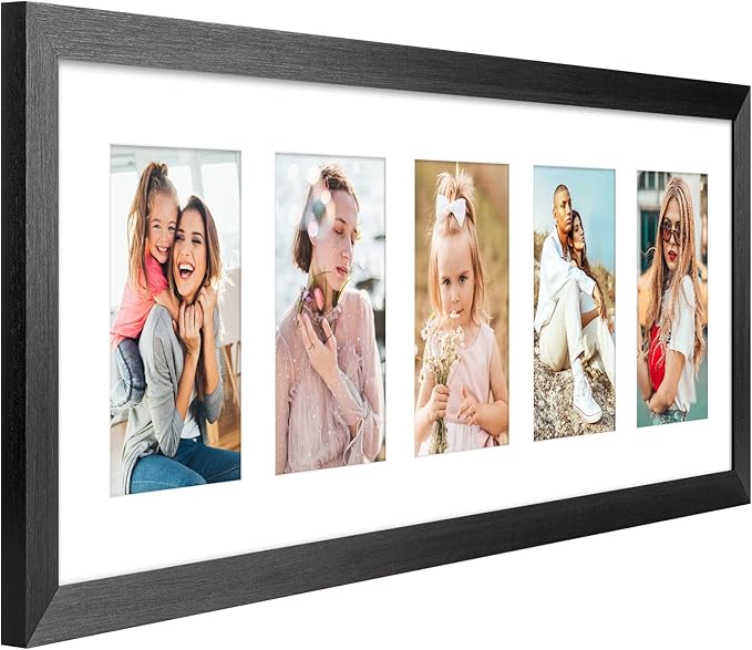 8x24 Collage frame with 5 Openings 4X6 Pictures, Multiple Picture Frame with Mat, Wall or Tabletop Decor, Black Wood Grain (1 Pack)