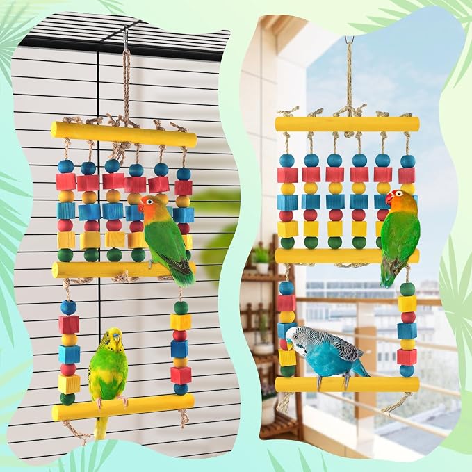 DBNESS Bird Toys, Parrot Chew Swing Toy with Perches Stand, Hanging Colorful Wood Block Bird Cage Accessories for Small to Medium Quaker African Grey Budgie Cockatiels Amazon Parrots