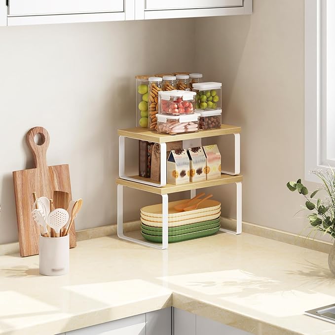 HOOBRO Spice Rack Set of 2, Kitchen Counter Organizer, Kitchen Storage, Cabinet Organizer Shelf, Nest, Stackable, Side-by-Side & L-Shape for Cabinet, Kitchen, Natural and White WN33TL01