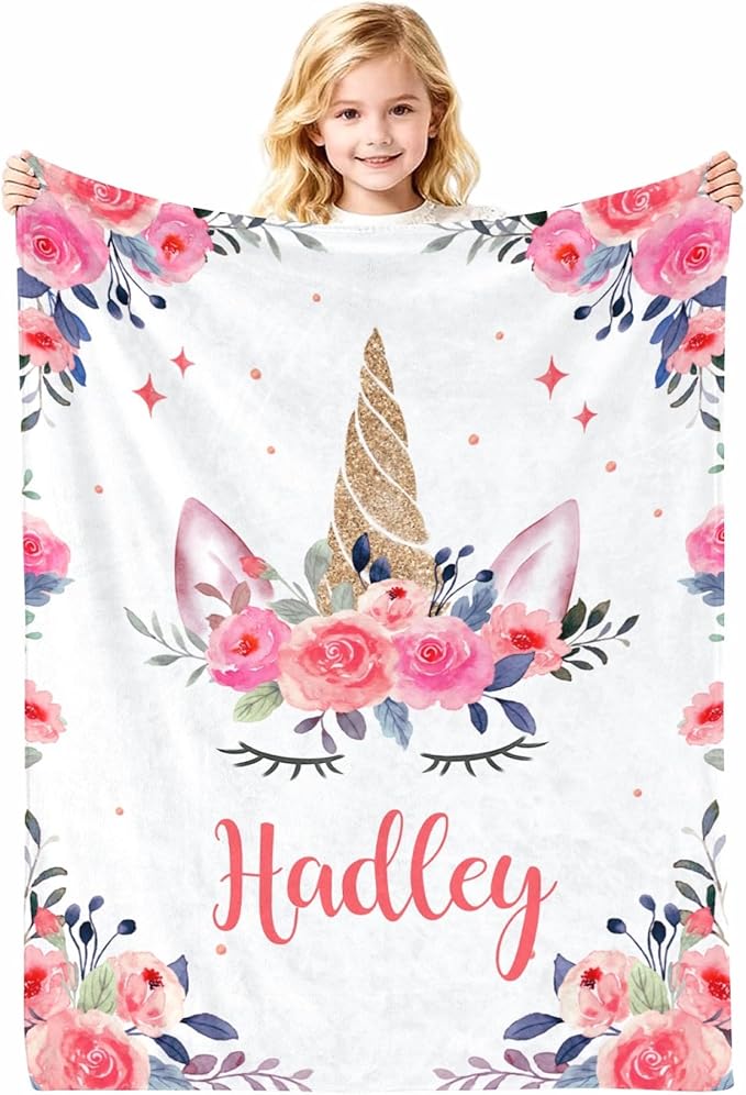 Personalized Unicorn Girls Blanket, Customized Baby Blankets with Name for Girls, Baby Gifts for Newborn Girl, 30"x40"