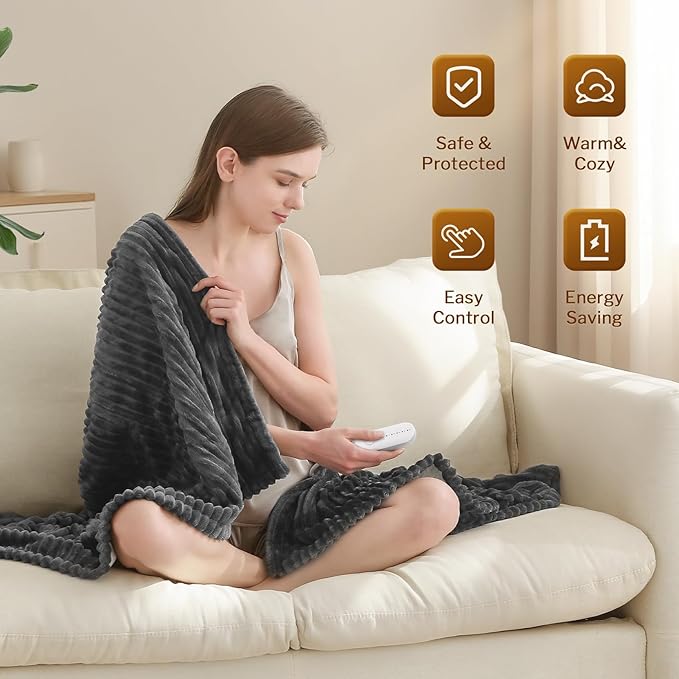 Reaks Electric Heated Throw Blanket, Silky Soft Flannel & Sherpa Heating Blanket Throw with 5 Heat Levels & 3 Hours Auto Off, Warm Gifts for Women Mom Grandma, ETL Certified (50x60 inches, Grey)