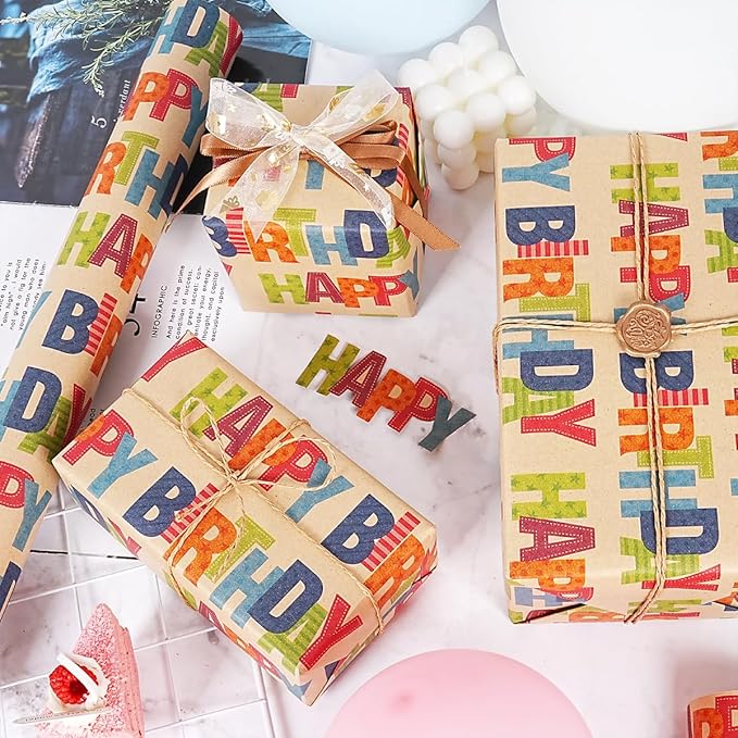 Birthday Wrapping Paper Roll, Kraft Gift Wrapping Paper Jumbo Roll, Colorful Happy Birthday Wrapping Paper for Kids Boys Girls Men Women, Brown Kraft Wrapping Paper for Birthday Party, 17Inchx49Feet