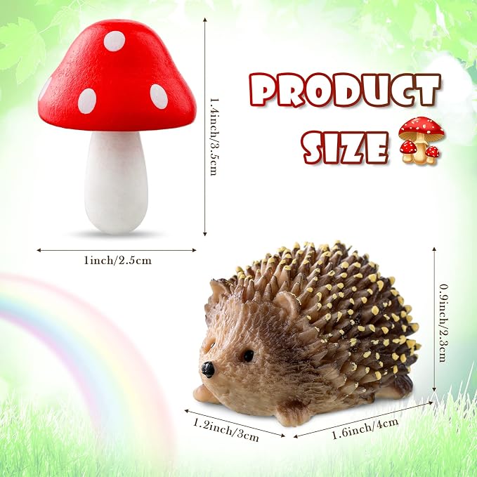 Queekay Fairy Garden Hedgehog Miniature Figurines, Resin Mushroom Decor | Hedgehog & Mushroom Set, Plant Pot Bonsai Accent, Miniature Fairy Garden Figurines, Resin Craft, Indoor Outdoor Scene
