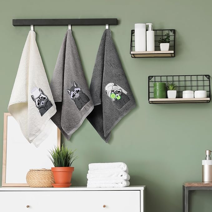 3 Pcs Raccoon Gifts Hand Towels for Bathroom Decorative | Funny Retro Raccoon Bathroom Decor, 100% Cotton Embroidered Towels for Women Kitchen Decor, 13. 3 x 29. 5''
