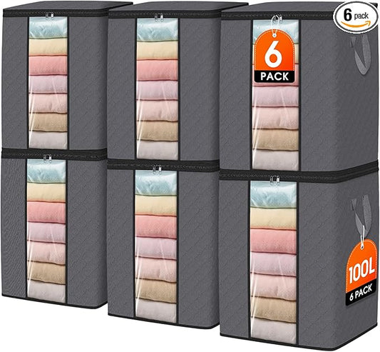 SpaceWhisper 6 Pack 100L Clothes Storage, Foldable Thick Fabric Blanket Storage Bags, Containers for Organizing Bedroom, Closet, Clothing, Comforter,Closet Organization with Handle,Grey