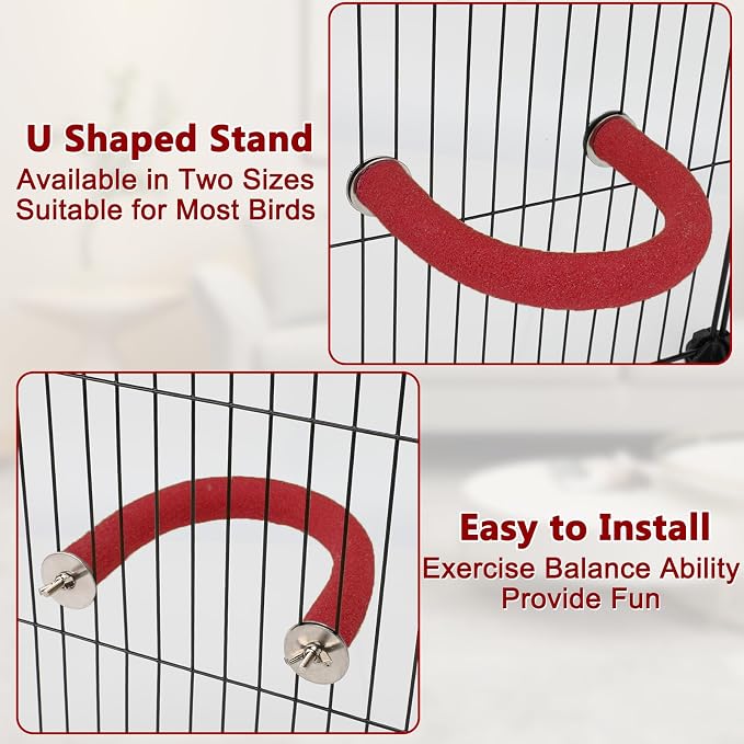 Rypet U-Shaped Large Parrot Perch, Quartz Bird Perch for Cage(Red L) | Safe Chew & Rest Perch for Large Birds, Durable Non-Toxic Cage Accessory, for Parakeets Cockatiels Conures Macaws