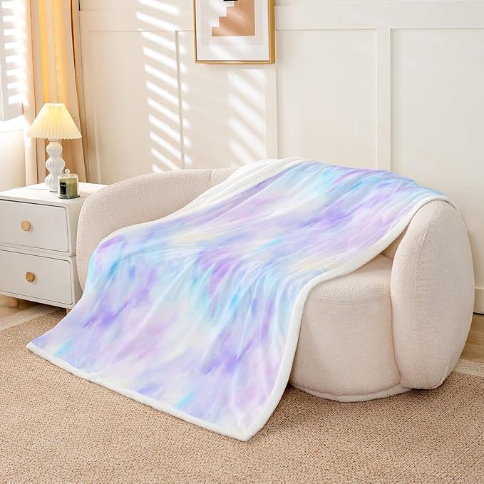 Feelyou Purple Blue Fleece Throw Blanket Baby 30"x40" Kids Tie Dye Watercolor Sherpa Blanket Plush Fuzzy for Bed Couch Chair Living Room, Dreamy Girly Bed Blanket Room Decor