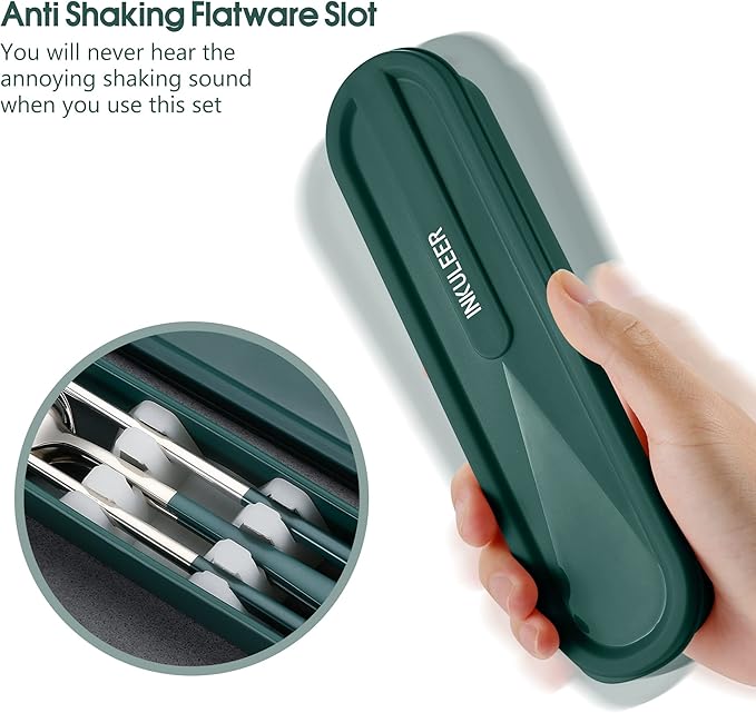 Travel cutlery set, 18/8 stainless steel cutlery, Reusable utensils set with case, Portable Silverware Lunch Box for Camping and Office (Dark Green)