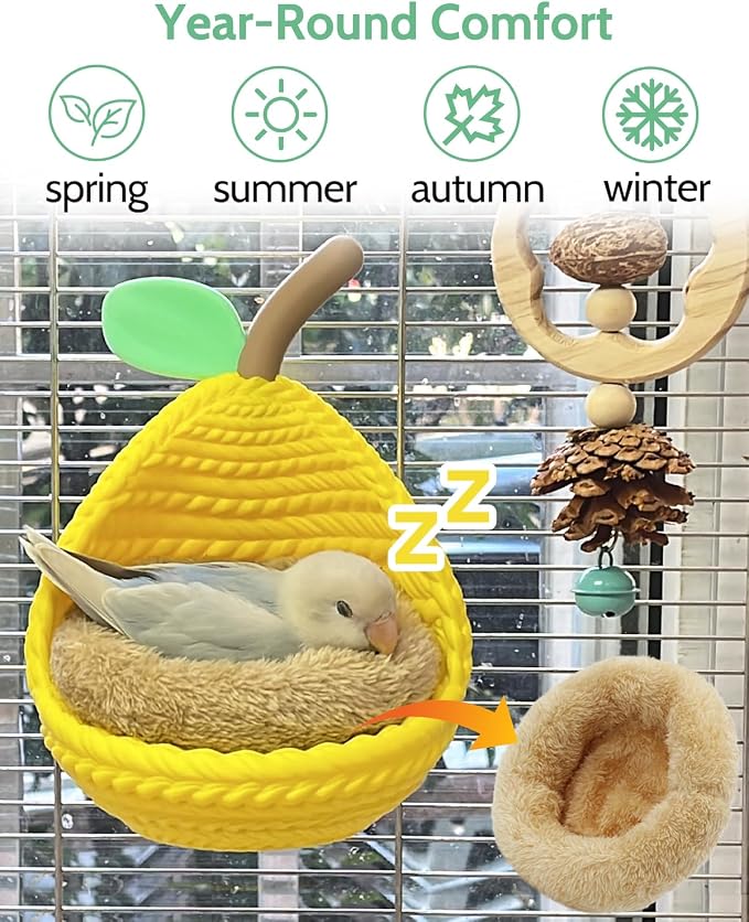 Cute Pear-Shaped Bird Bed for Cage, Only for Small-Sized Birds | Parakeet Nest with Cotton Pad, Quick-Release Buckle for Easy Clean, Open Hammock with Airy View for Lovebird Canary Budgie