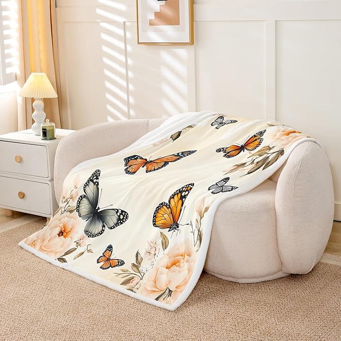 Feelyou Girls Butterfly Fleece Throw Blanket Throw 50"x60" Kids Gray Yellow Sherpa Blanket Plush Fuzzy for Bed Couch Chair Living Room, Chic Gorgeous Bed Blanket Noble Flower Room Decor