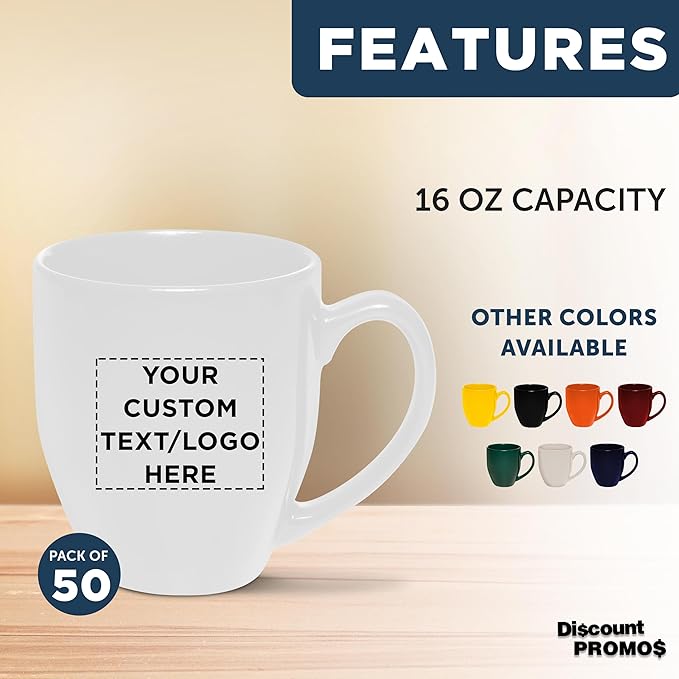 Custom Large Coffee Cups 16 oz. Set of 50, Personalized Bulk Pack - Perfect for Tea, Espresso, Cappuccino, Hot Cocoa - White