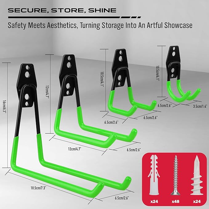 Garage Tool Storage Wall Hook Assortment Set: 15PCS Heavy Duty Large Hanger Garden Tool Organizer Ladder Bike Rack Yard Tool Holder Shed Shovel Metal Screw Organization Bicycle Steel Bracket, Green