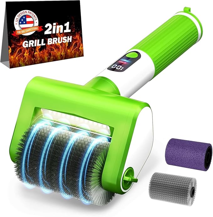 Electric Grill Brush, 2-Speed BBQ Grill Brush with LED Light/Screen Powerful Cleaning 800RPM/4000mAh/2 Brush Heads No Bristle Shedding Rechargeable Lightweight Grill Cleaner for Outdoor/Camping