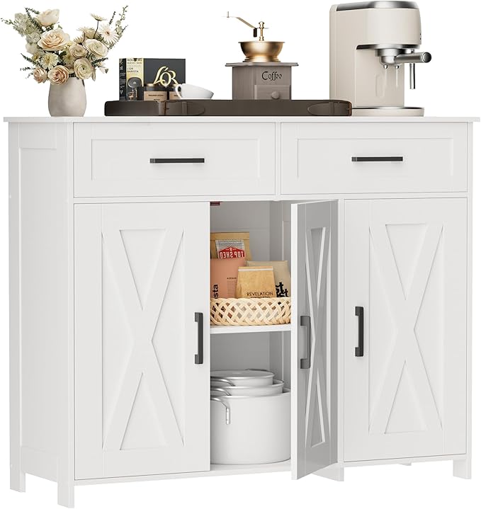 Homhedy Sideboard Buffet Cabinet, Coffee Bar Storage Cabinet with Drawers and Doors, Farmhouse Kitchen Cabinet with Adjustable Shelves, for Kitchen, Dining Room, Living Room, White