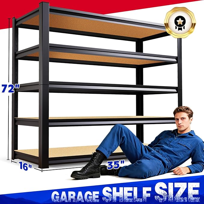 72"H Garage Shelving Adjustable Garage Shelves 2500LBS Storage Shelves,5-Tier Metal Shelving Unit Storage Shelf, Easy Assembly Utility Shelf for Warehouse, Basement, Black (72''H x 35.4''W x 15.8''D)