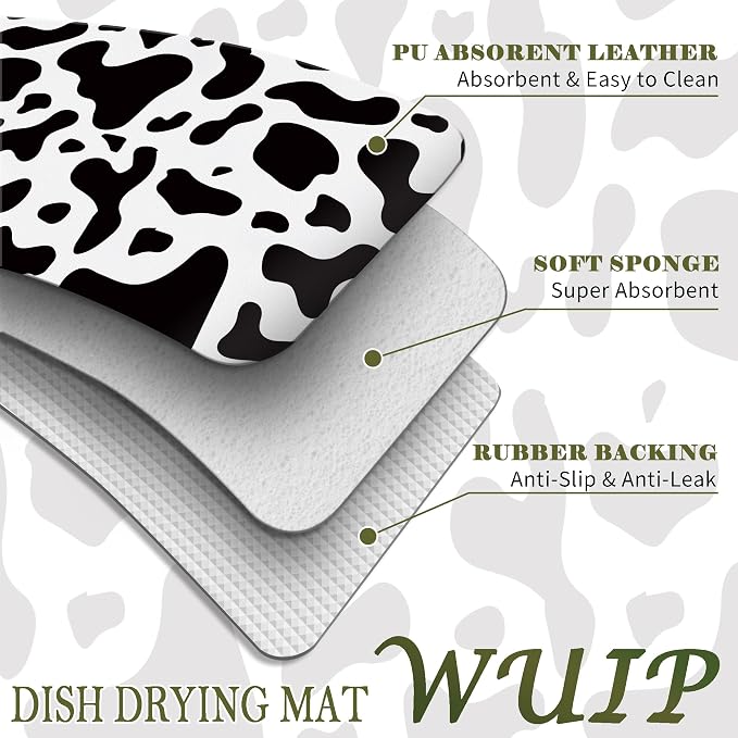 Cow Print Dish Drying Mats for Kitchen Counter, Black and White Cow Animal Print Absorbent Reversible Coffee Bar Mat Drying Pad for Kitchen Decor, 12x15 Inch