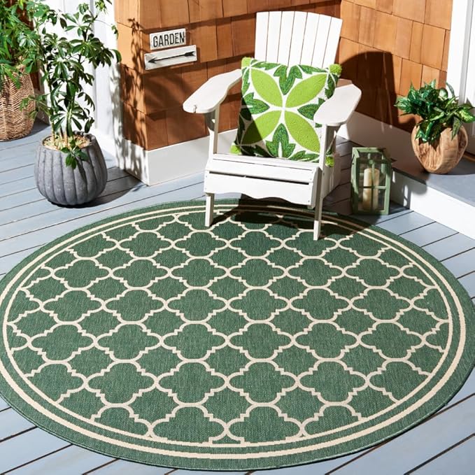 SAFAVIEH Courtyard Collection 6'7'' Round Dark Green/Beige CY6918 Moroccan Trellis Geometric Indoor/ Outdoor -Waterproof Easy -Cleaning Patio Backyard Mudroom Area -Rug