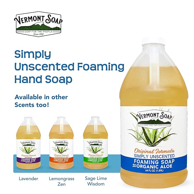 VERMONT SOAP Organic Unscented Foaming Hand Soap - Natural Moisturizing Soap for Dry Skin - Fragrance Free Liquid Bathroom Hand Soap - Simply Unscented - 64 oz