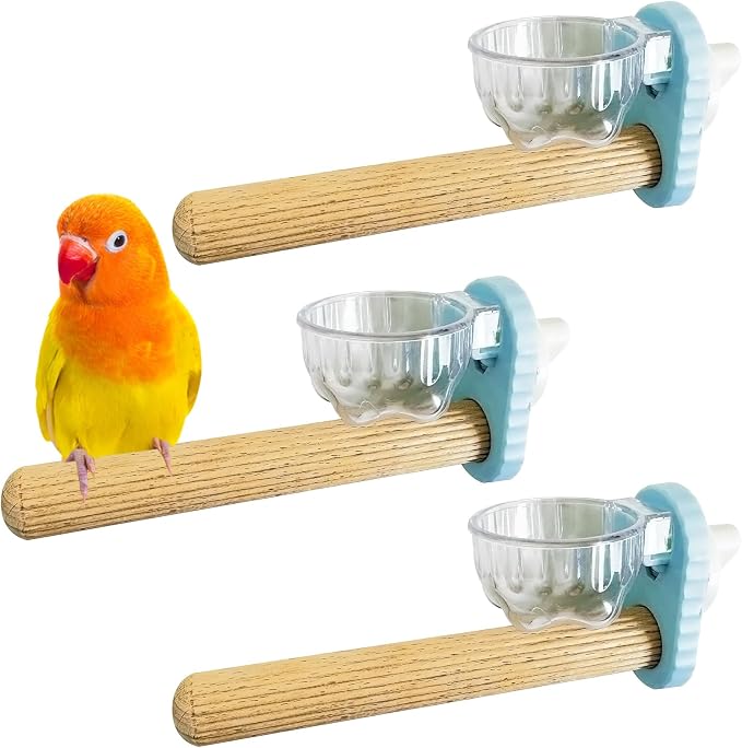 Kathson 3Pcs Bird Perch Feeding Cup Natural Wood Perches with Removable Bird Feeder for Cage Parrot Stand for Parakeets, Budgies, Cockatiels,Parrots, Birds Chewing Stick (Blue)