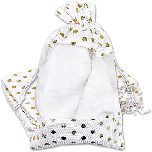 12-Pack X-Large Linen Burlap & Organza Gift Bags w. Drawstrings (7.5x11.5 in, White/Gold Polka) - Party Favors, Presents, Samples & Treats Mesh Pouch by The Display Guys