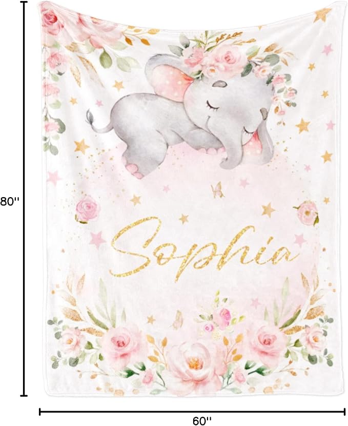Elephant Blanket Personalized Baby Blanket with Name for Girl, Custom Name Blanket for Newborn Girl, Soft Flannel Toddler Blanket Customized Gift for Birthday Christmas Baby Shower 60" X 80"