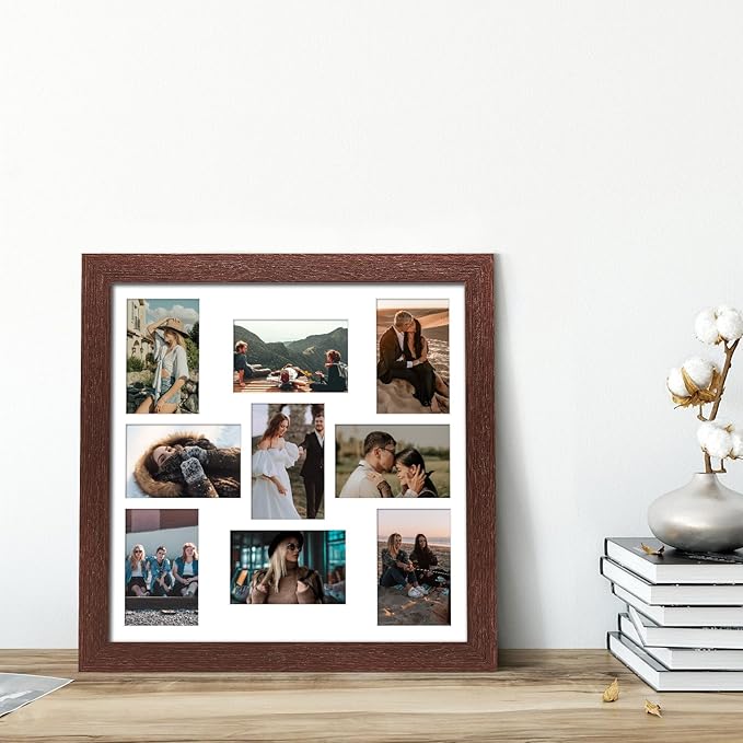 17x17 Picture Frame Display 9 opening 4X6 Picture Frame Collage,Multi Photo Frame with Mat,Plexiglass,Wall Mount Decor,Walnut Wood Grain
