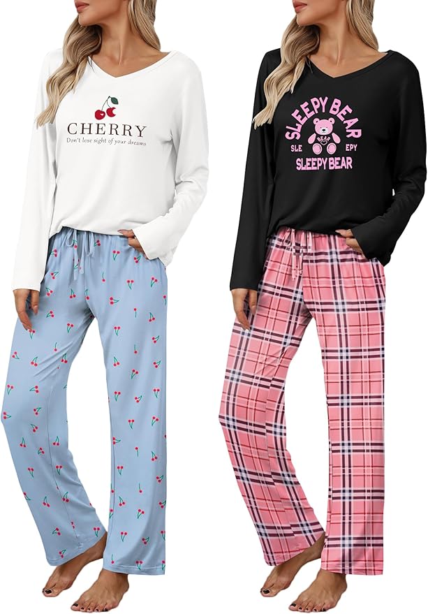 Ekouaer Womens 2 Pack Pajama Set Long Sleeve Pajamas Top and Pants V Neck Pjs Set Soft Loungewear with Pockets