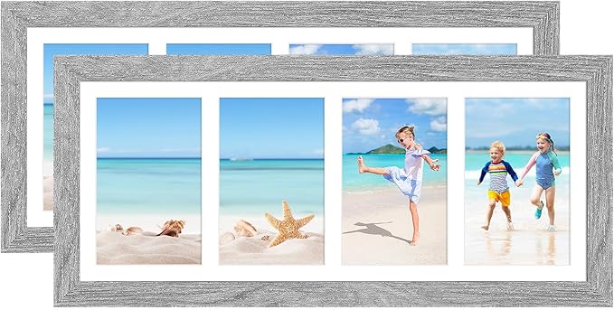 7x17 Collage frame with 4 Openings 4X6 Pictures, Multiple Picture Frame with Mat, Wall or Tabletop Decor, Grey Wood Grain,2 Pack