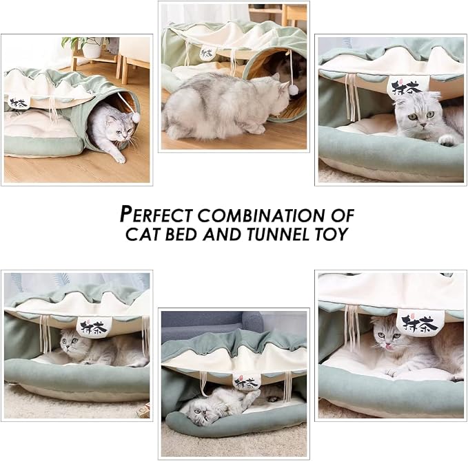 EAEDMY Cat Rabbit Tunnel Bed Nest for Cats Indoor, with Collapsible Washable Soft Cushion, Plush Ball and Exercise Wheel Tube, Fit for Puppy Bunny Kitty Kitten Ferret