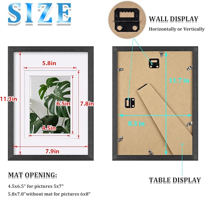 Egofine A4 Picture Frames Set of 4, Made of Solid Wood Covered by Plexiglass 4x6 and 6x8 with Mat or A4 without Mat, for Table Top Display and Wall Mounting Photo Frame Rustic Black