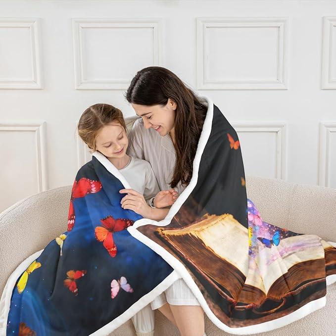 Feelyou Colorful Butterfly Fleece Throw Blanket Queen 90"x90" Kids Library Book Sherpa Blanket Plush Fuzzy for Bed Couch Chair Living Room, Reading Bed Blanket Butterfly Emerging from Book Room Decor