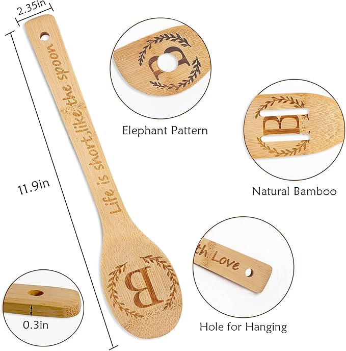 5PCS Initial Wooden Cooking Spoons Initial Letter Kitchen Decor Gifts Personalized Monogrammed Birthday Gifts for Women Mom Friend Housewarming Wedding Bamboo Cooking Spoons