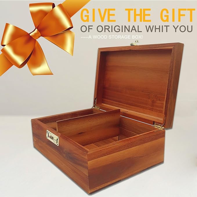 Large Wood Box Decorative Acacia Wooden Storage Box with Combination Lock With Adjustable Divider Wooden Keepsake Box with Hinged Lid Chest Stash Boxes Decorative Lockable Chest Box(Secret Grid)