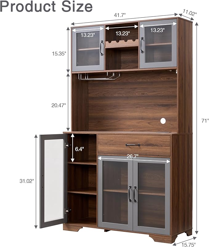 Fatmok 71" Pantry Cabinet with Wine Rack and Charging Station, Set of 2 Tall Coffee Bar Cabinets with LED Lights, Drawer, Adjustable Shelves, Kitchen Hutch Storage, Rustic Brown