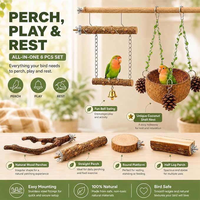 Bird Perch Bird Cage Accessories Parrot Toys Natural Wood 6Pcs Set for Parakeet Cockatiel Conure Lovebird Small Medium Birds