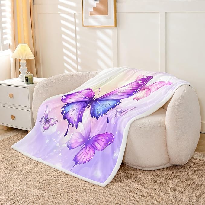 Feelyou Girls Fleece Throw Blanket 40"x50" Kids Purple Butterfly Sherpa Blanket Plush Fuzzy for Bed Couch Chair Living Room, Floral Flower Bed Blanket Cute Watercolor Room Decor