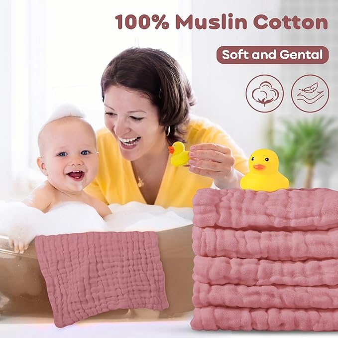 Yoofoss Muslin Baby Washcloths 100% Organic Cotton Face Towels 6 Pack Wash Cloths for Baby 12x12in Soft and Absorbent Baby Wipes (Bean Paste)