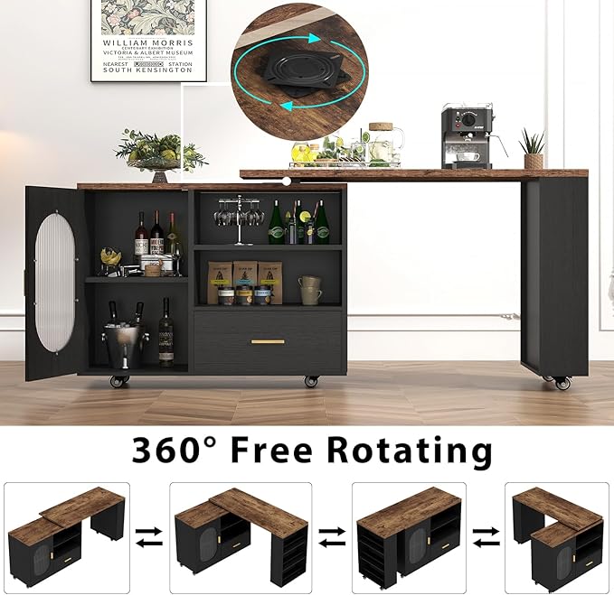 HSH 72" Rustic Kitchen Island with Storage, Mobile Farmhouse Kitchen Island Cart with Cabinet, Drawer & Shelves, Island Table on Wheels for Meal Prep, Dining Room & Home Bar, Rustic Brown & Black Oak