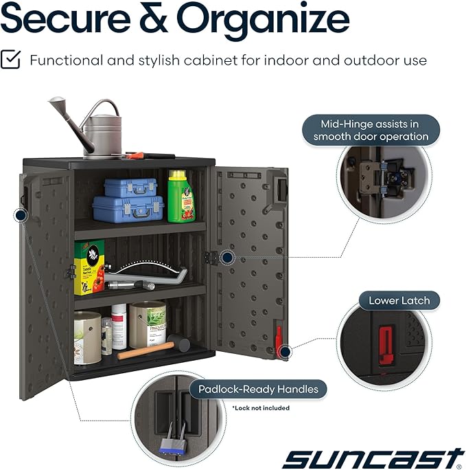 Suncast Heavy-Duty Resin Outdoor Storage Cabinet, 30" W x 20.25" D x 36" H Dark Grey Base Garage Storage Cabinet with Lockable Doors and Metal Reinforced Shelves, Made in The USA