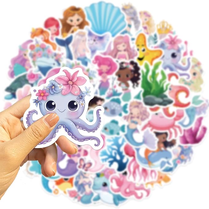 50Pcs Mermaid Sticker, Cute Marine Organism Stickers for Kids Teens Adults, Vinyl Cartoon Pink Animals Decals Kawaii Sticker for Decor Water Bottles Laptops Guitar Scrapbook (Mermaid)