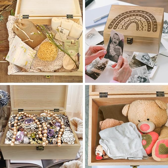 arricraft 1 Pc Wooden Memory Keepsake Box, Boho Rainbow Pattern Box with Hinged Lids Keepsake Chest for Souvenirs Picture Letter Storage 9.6x7.6x4inch(24.5x19.5x10.3cm)