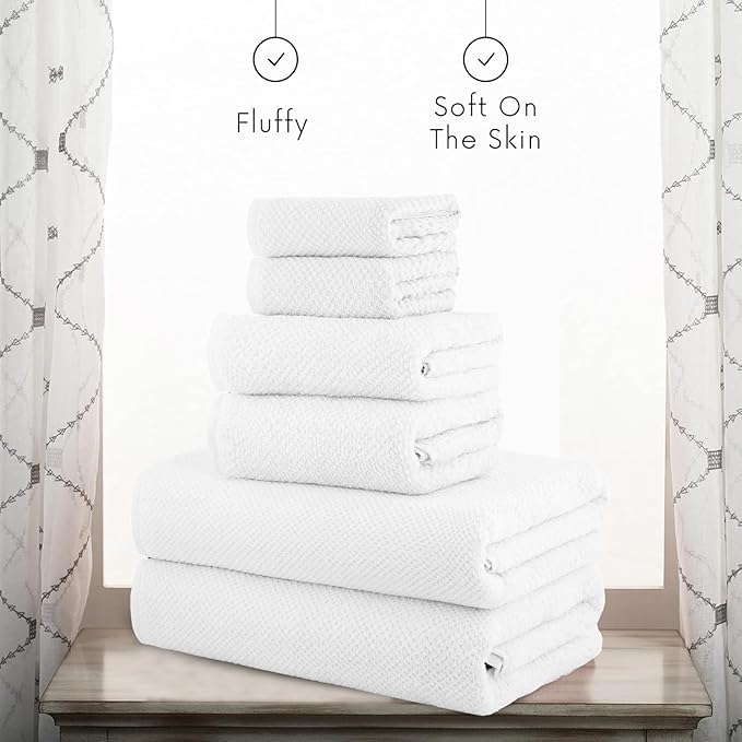CASA COPENHAGEN Popcorn Textured 6 Pieces Towel Set- White, 550 GSM 2 Bath Towel 2 Hand Towel 2 Washcloth, Rough & Tough Use Cotton Towels Gift Set for Bathroom