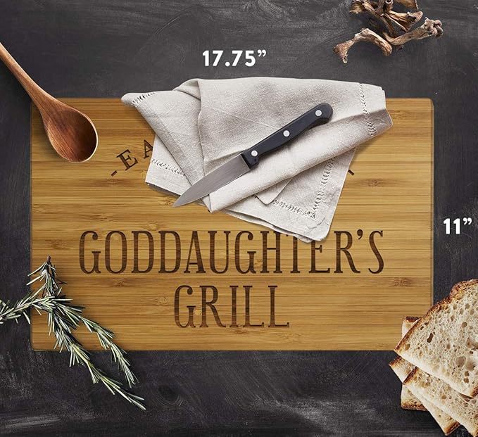 Andaz Press Large Bamboo Wood BBQ Cutting Board Gift, 17.75 x 11-inch, Goddaughter's Grill, 1-Pack, Laser Engraved Serving Chopping Board Christmas Birthday Chef Kitchen Ideas