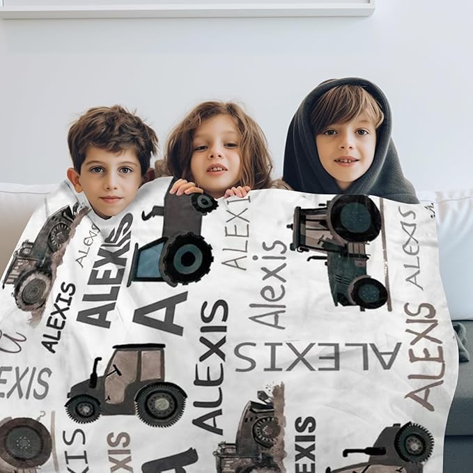 Personalized Tractors Blanket - Custom Name with Farm Tractor Trucks Design - Soft Plush Flannel Bed Blanket for Baby Kid Teen Boys Girls Customized Gifts White & Grey