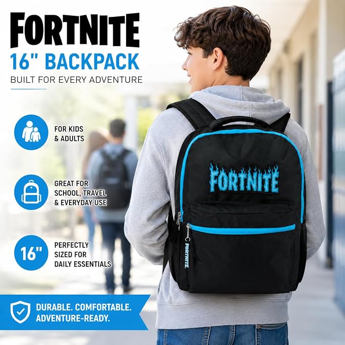 Fortnite Backpack for Kids & Adults, 16” Bookbag with Fortnite Rubber Molded Flame Logo 3D Patch & Rubber Logo Dangle, Black